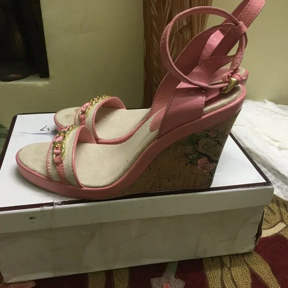 Authentic Coach Ellette Leather and Cork Platform Wedge Ankle Strap Sandals - Picture 2 of 10